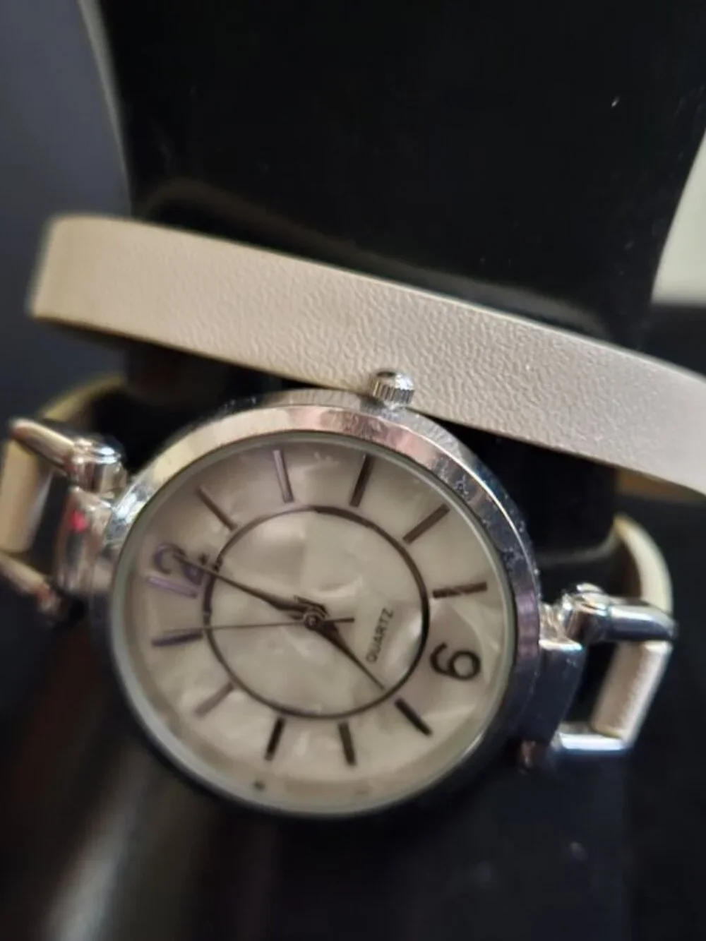 Tan Leather Double Strap Pearl Face Ladies Quartz Watch